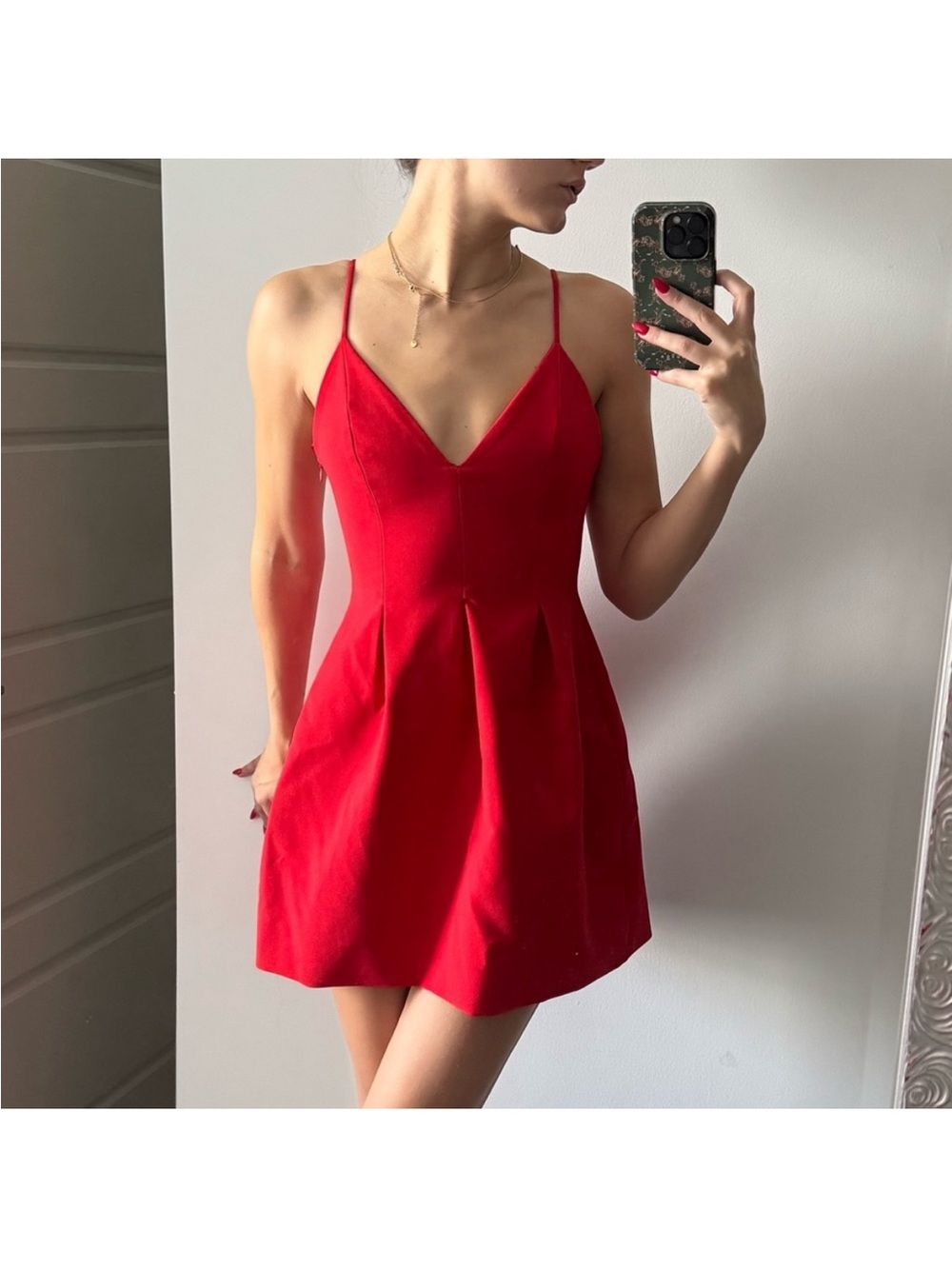 Zara Red Spaghetti-Strap V-Neck Mini Dress
